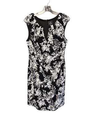 Adrianna Papell Black with White Floral Ruched Sheath Dress Sz 14 Wedding Guest